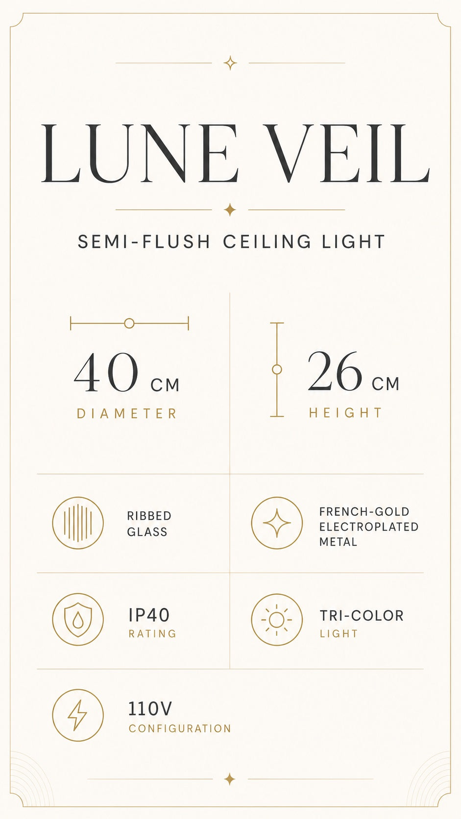 Lune Veil Ceiling Light, approved dimensions and specification card