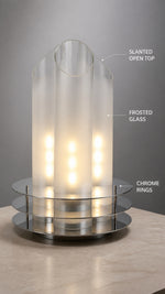 SpaceAge Glow Table Lamp — slanted open-cut frosted glass and chrome rings