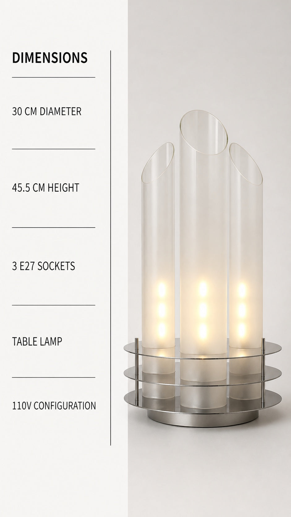 SpaceAge Glow Table Lamp — dimensions, E27 sockets, and 110V configuration