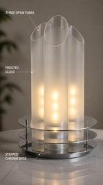 SpaceAge Glow Table Lamp — three open tubes, frosted glass, and stepped chrome base