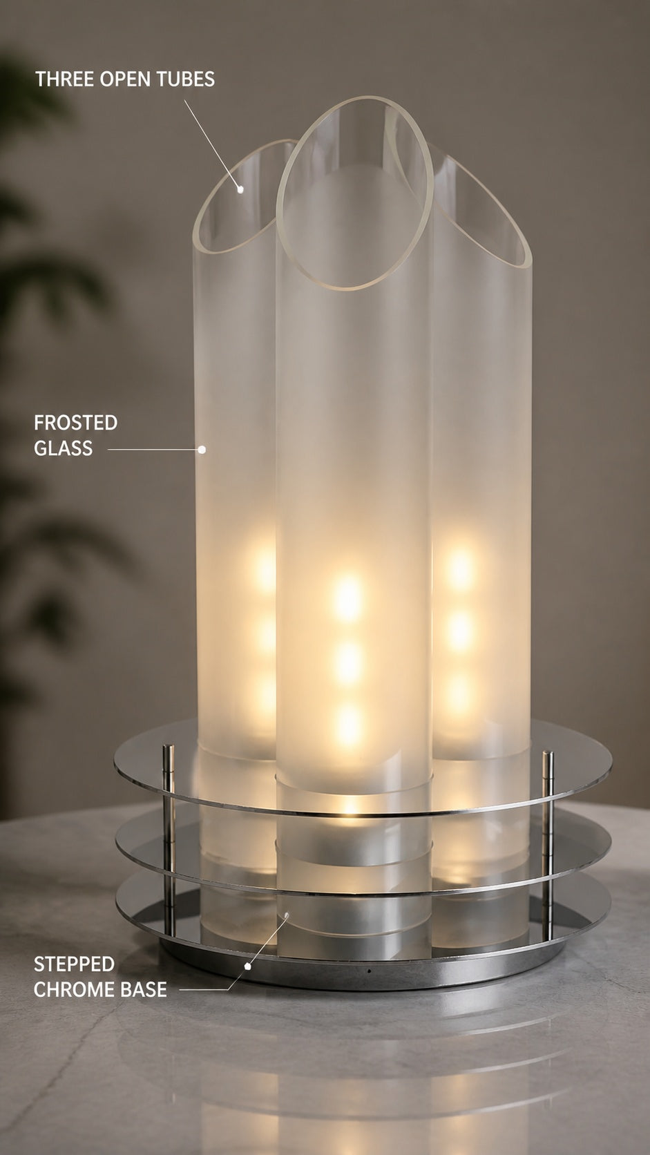 SpaceAge Glow Table Lamp — three open tubes, frosted glass, and stepped chrome base