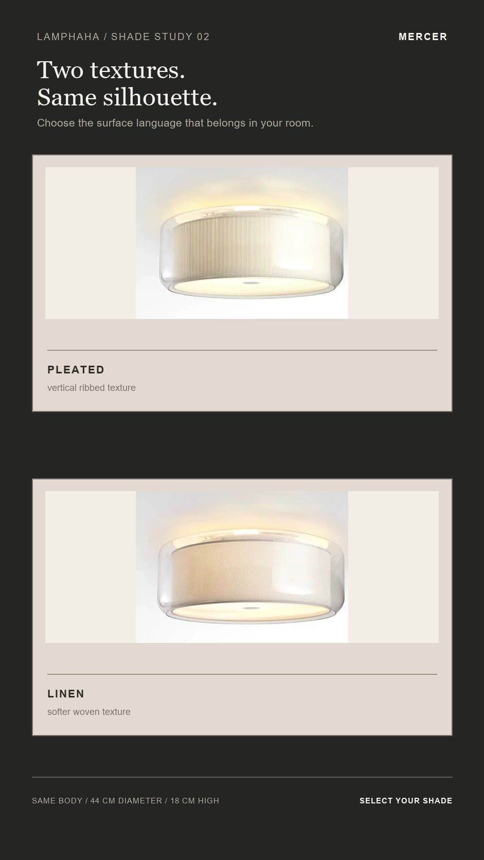 Mercer ceiling light pleated shade and linen shade editorial comparison