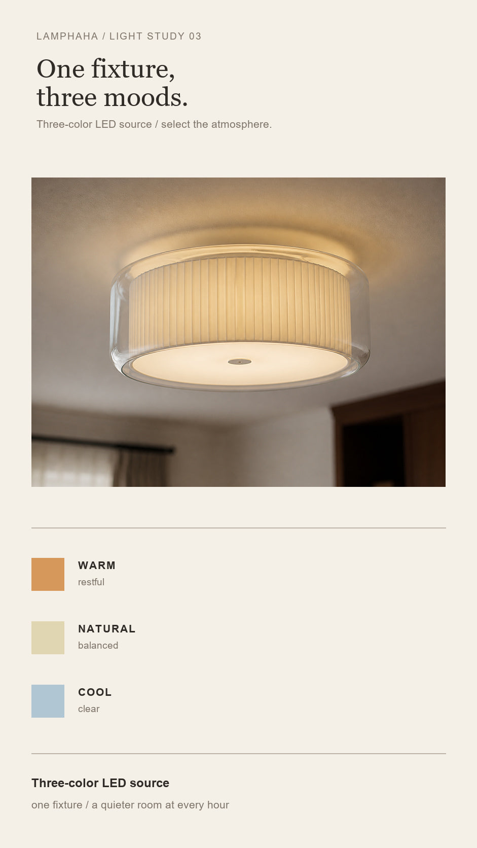 Mercer ceiling light with warm, natural, and cool three-color LED moods
