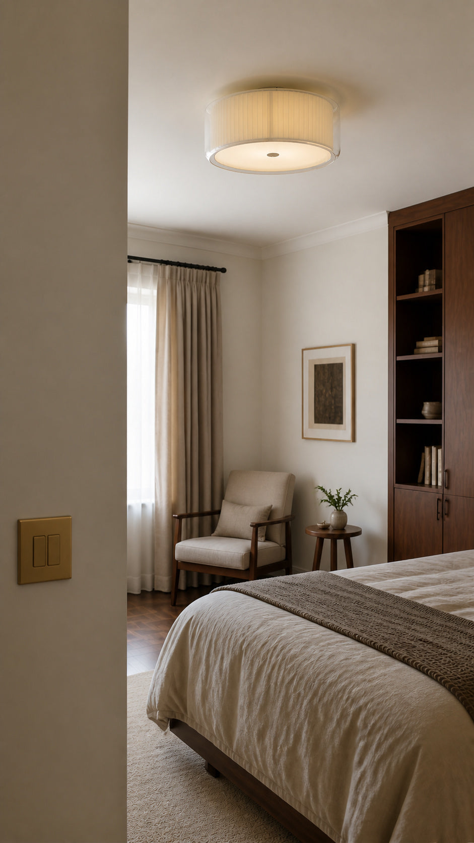 Mercer ceiling light in a quiet-luxury bedroom reading corner
