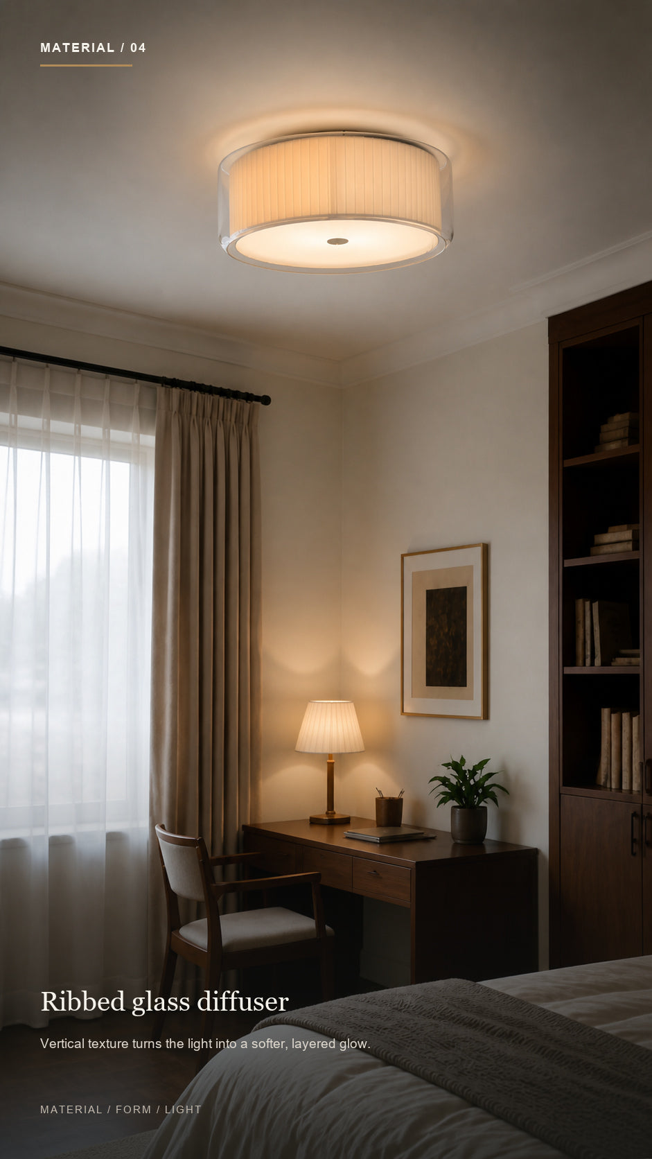 Mercer ribbed glass diffuser creating a soft layered glow in a bedroom