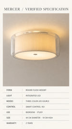 Mercer verified specification card for round flush-mount integrated LED ceiling light