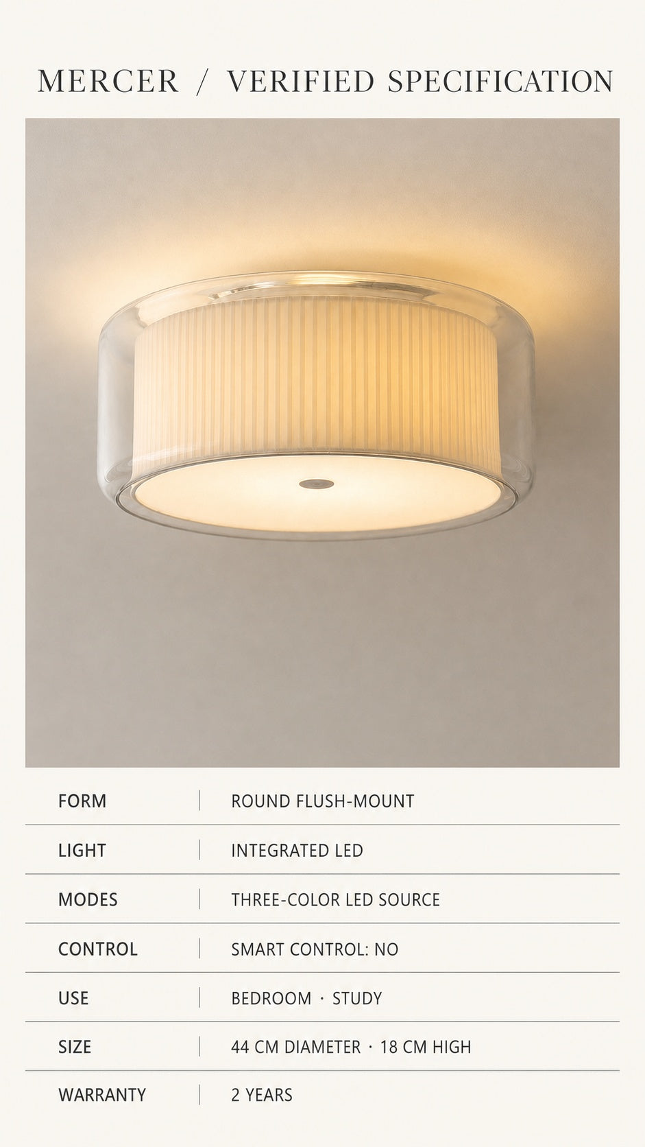 Mercer verified specification card for round flush-mount integrated LED ceiling light