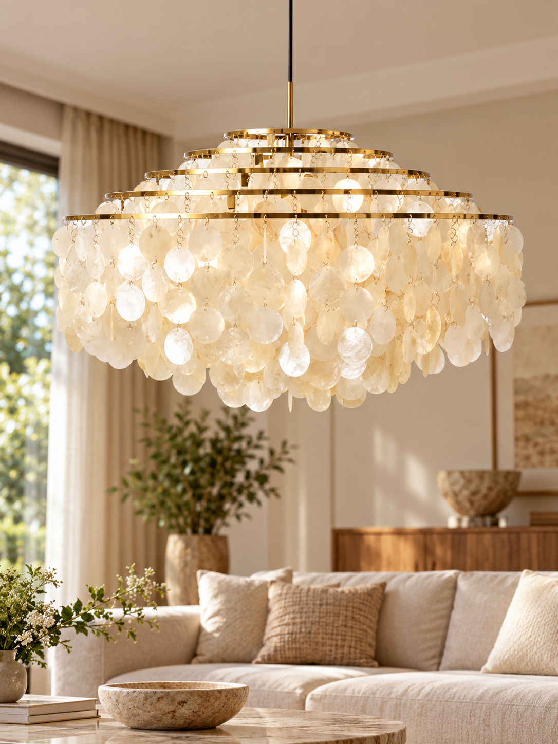 Copper-tone natural shell chandelier, 5 tiers, 70 cm diameter in a living room