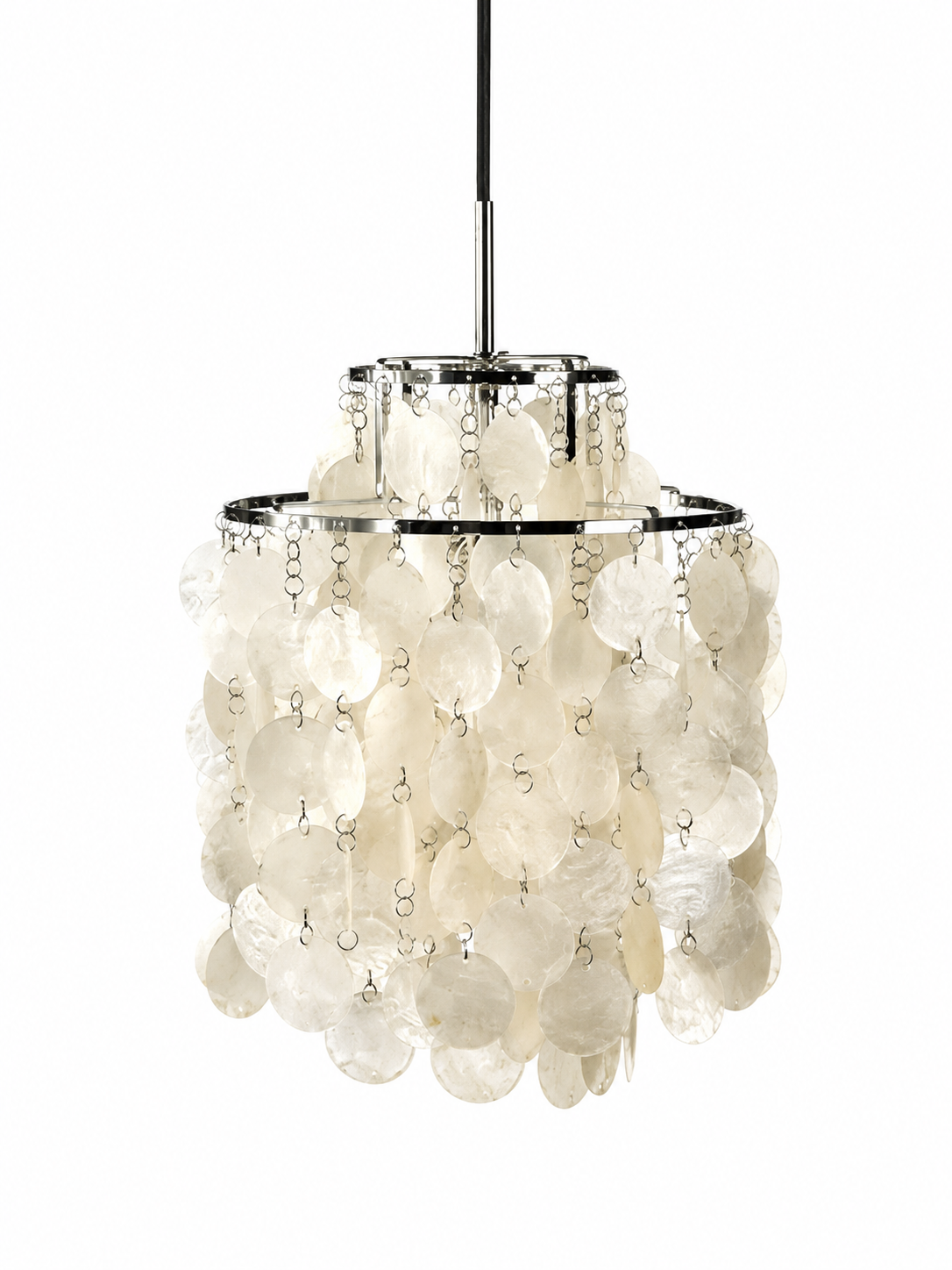 Chrome natural shell chandelier, 2 tiers, 28 cm diameter