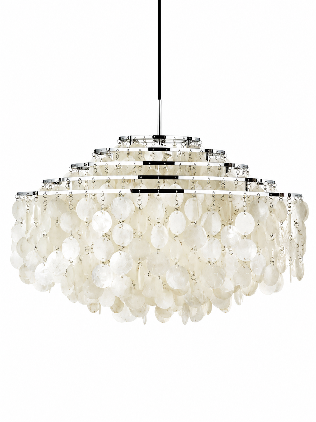 Chrome natural shell chandelier, 5 tiers, 70 cm diameter