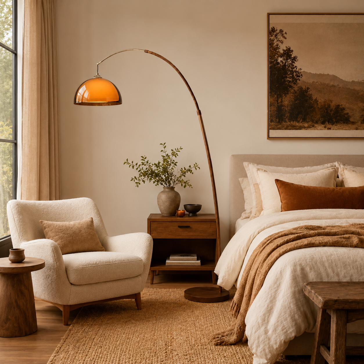 Walnut & Amber Color Bending Floor Lamp