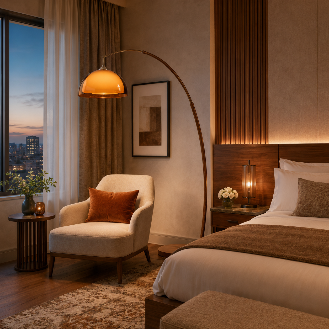 Walnut & Amber Color Bending Floor Lamp