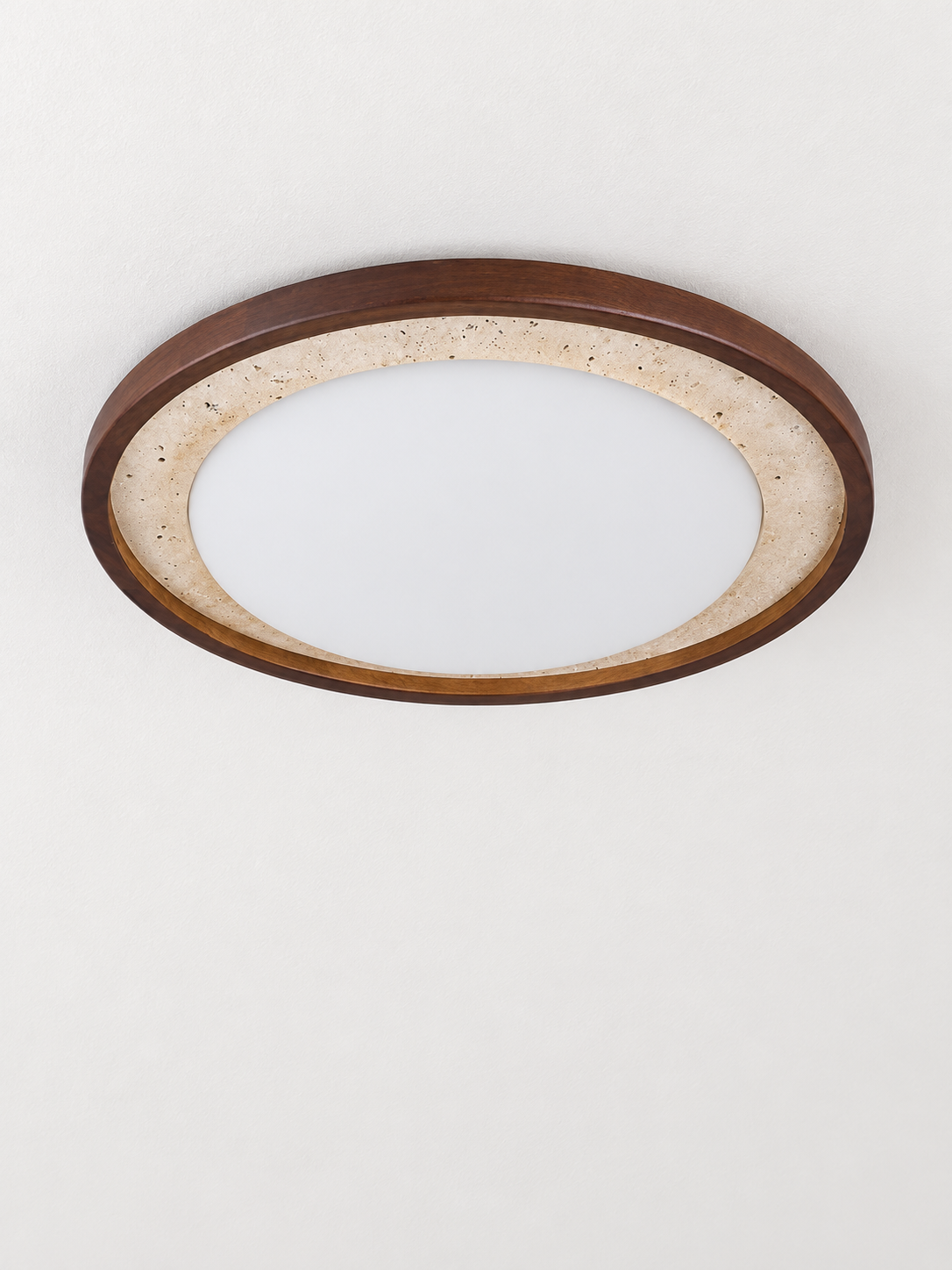 Travertine and Wood Ring LED Ceiling Light, 47 cm, cream travertine and dark wood, shown unlit, image 1