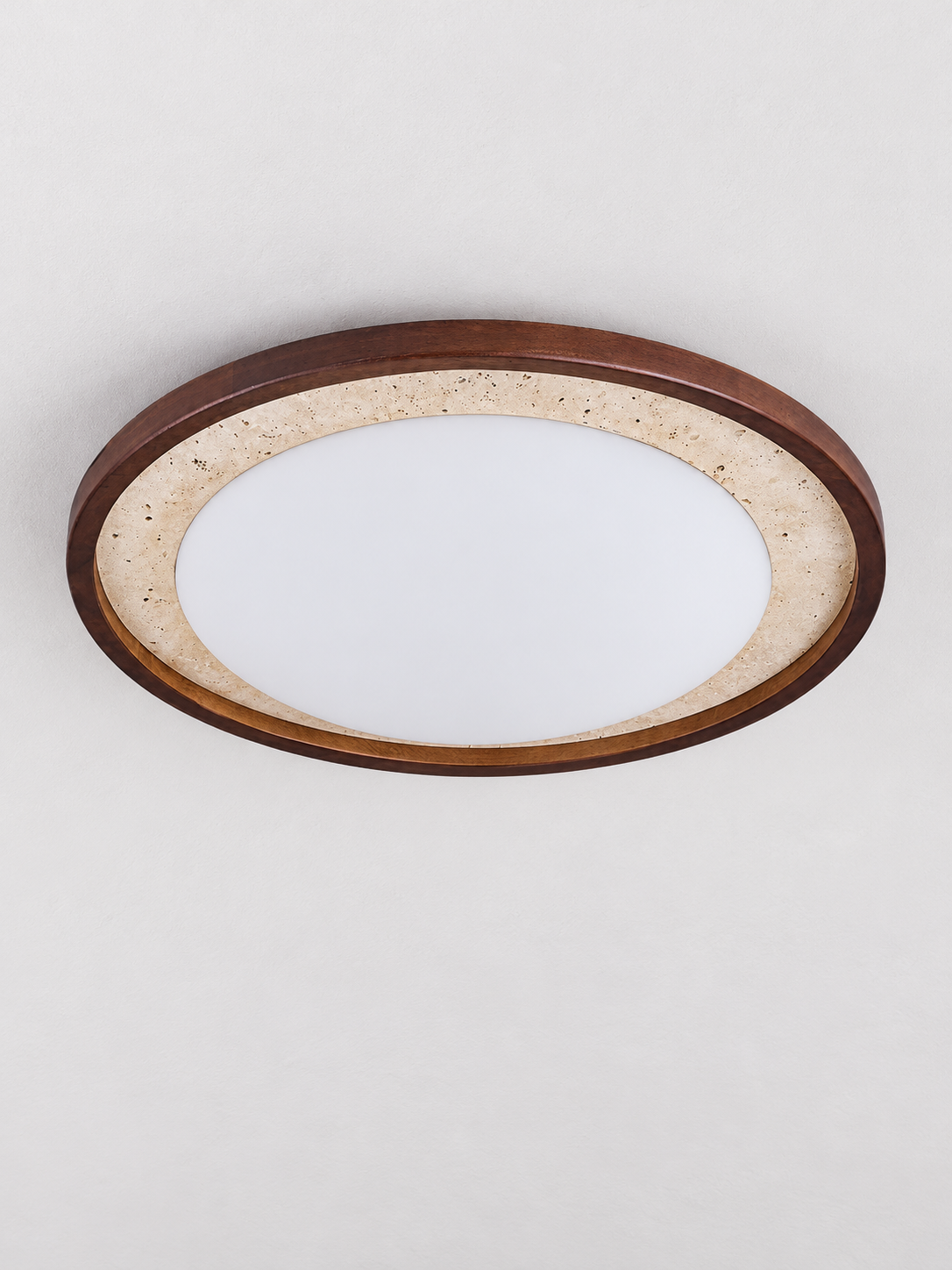 Travertine and Wood Ring LED Ceiling Light, 54 cm, cream travertine and dark wood, shown unlit, image 2