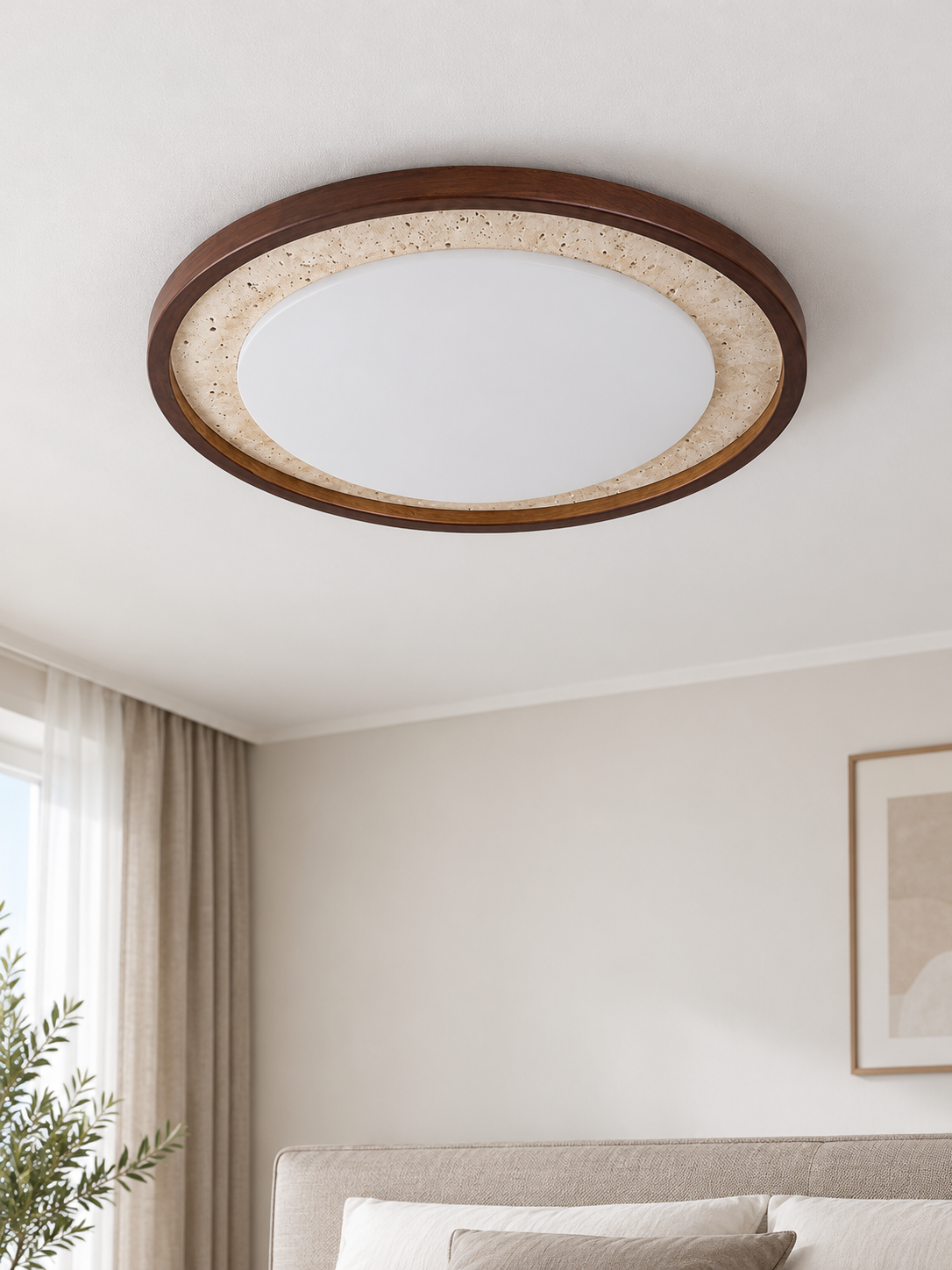 Travertine and Wood Ring LED Ceiling Light, 47 cm, cream travertine and dark wood, shown unlit, image 5