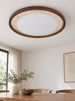 Travertine and Wood Ring LED Ceiling Light, 54 cm, cream travertine and dark wood, shown unlit, image 6