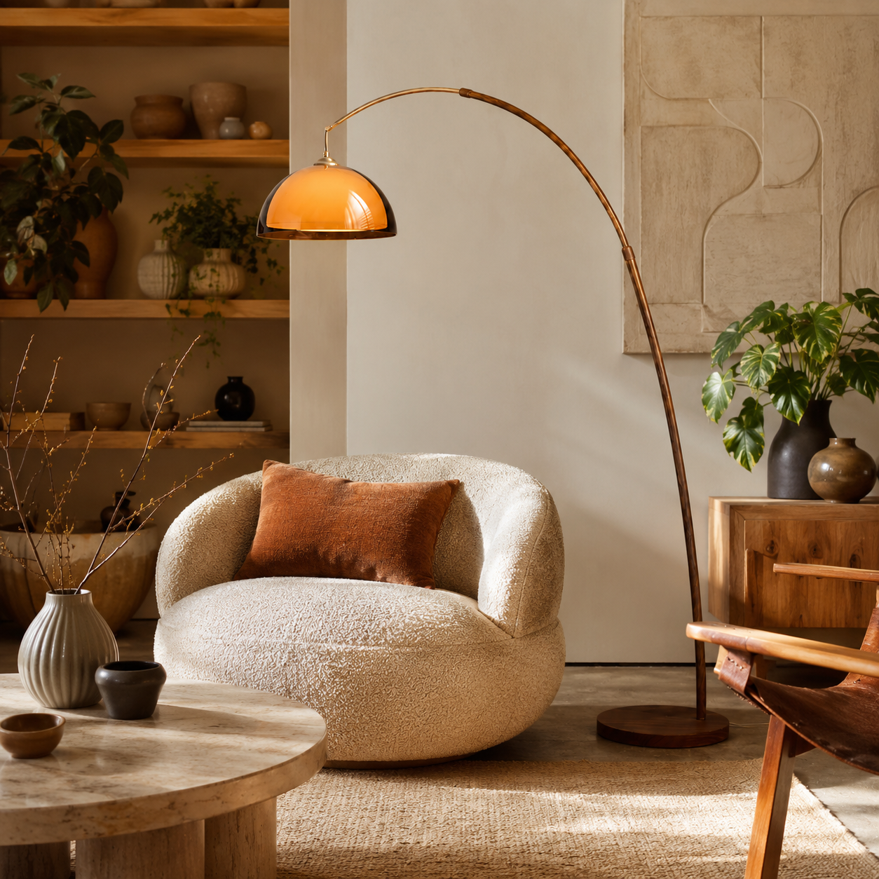 Walnut & Amber Color Bending Floor Lamp