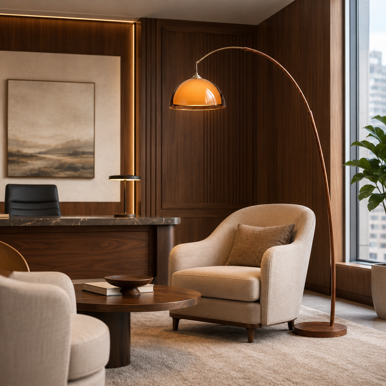 Walnut & Amber Color Bending Floor Lamp