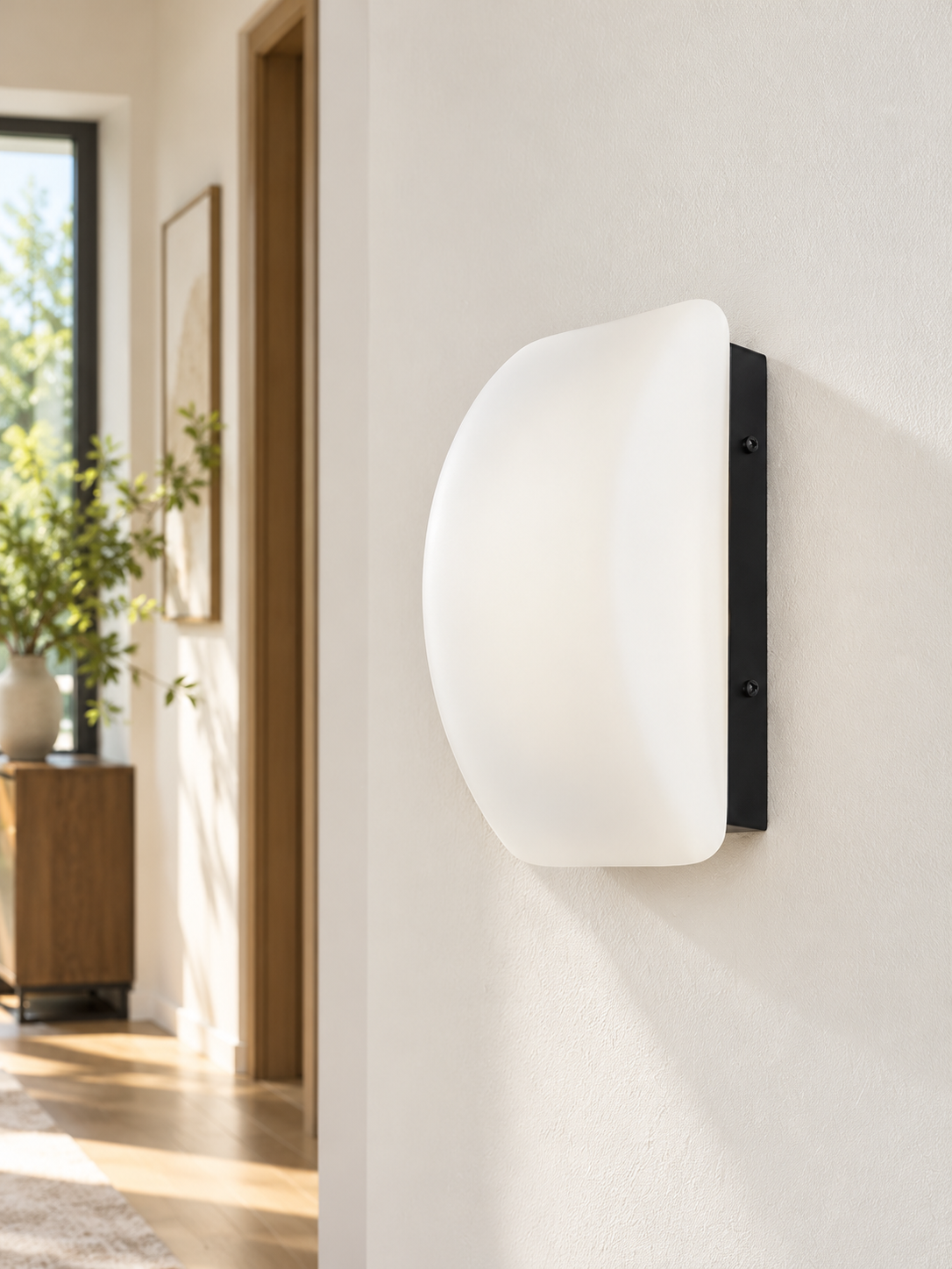 Curved white glass and black wall sconce, hallway scene