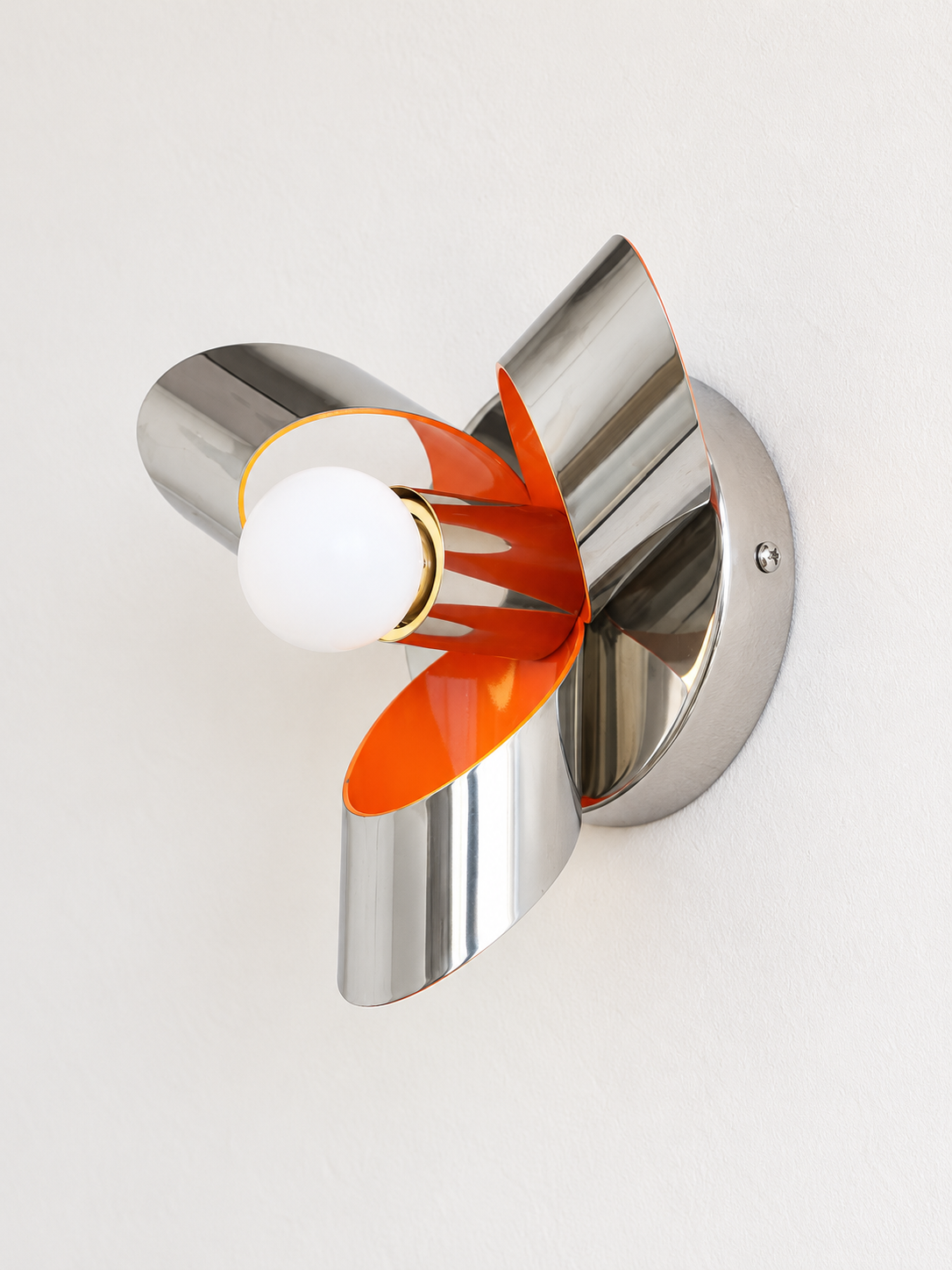 Chrome petal and orange wall light, opal white globe