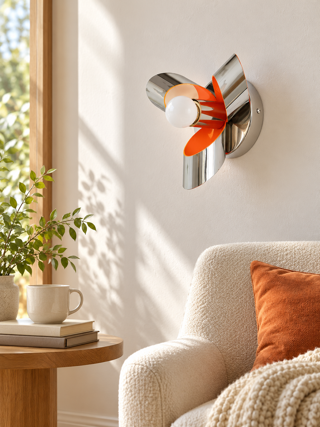 Chrome petal and orange wall light, opal white globe