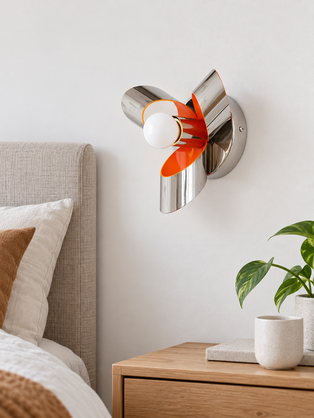Chrome petal and orange wall light, opal white globe