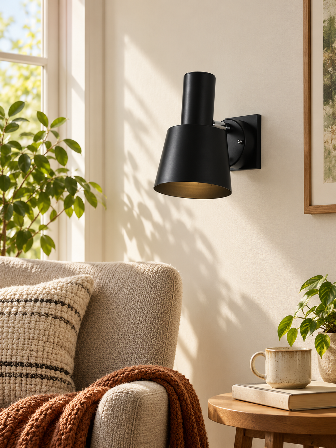 Adjustable Cone Shade Wall Spotlight daylight room setting, lamp off