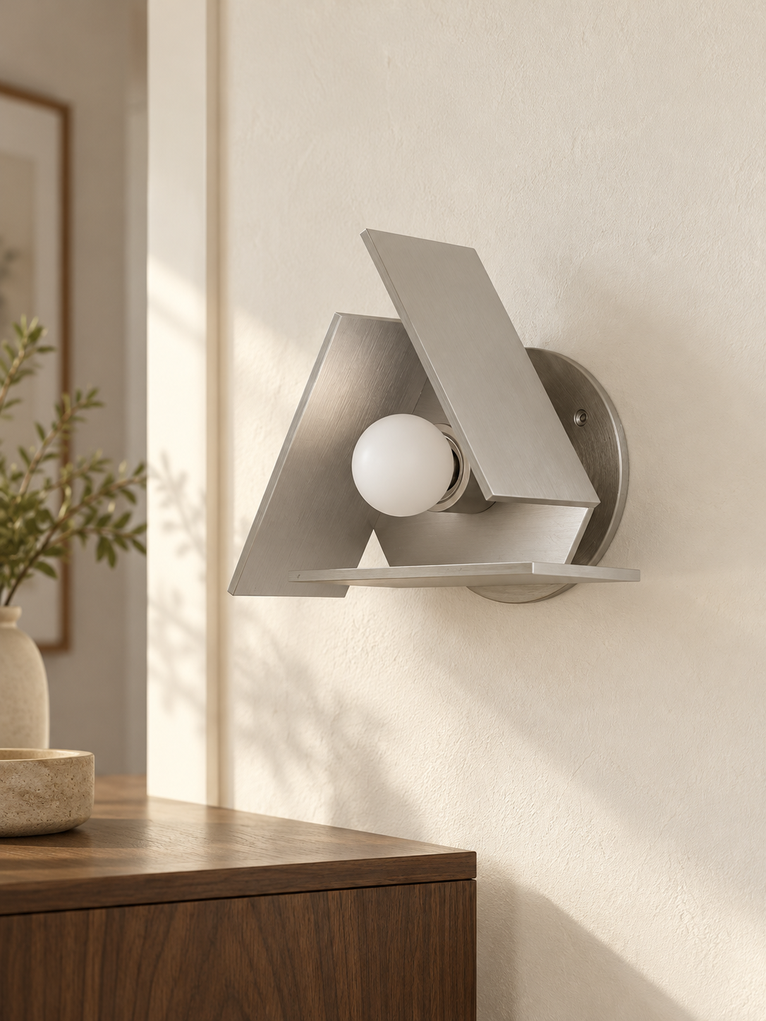 Brushed silver triangular wall sconce opal bulb unlit