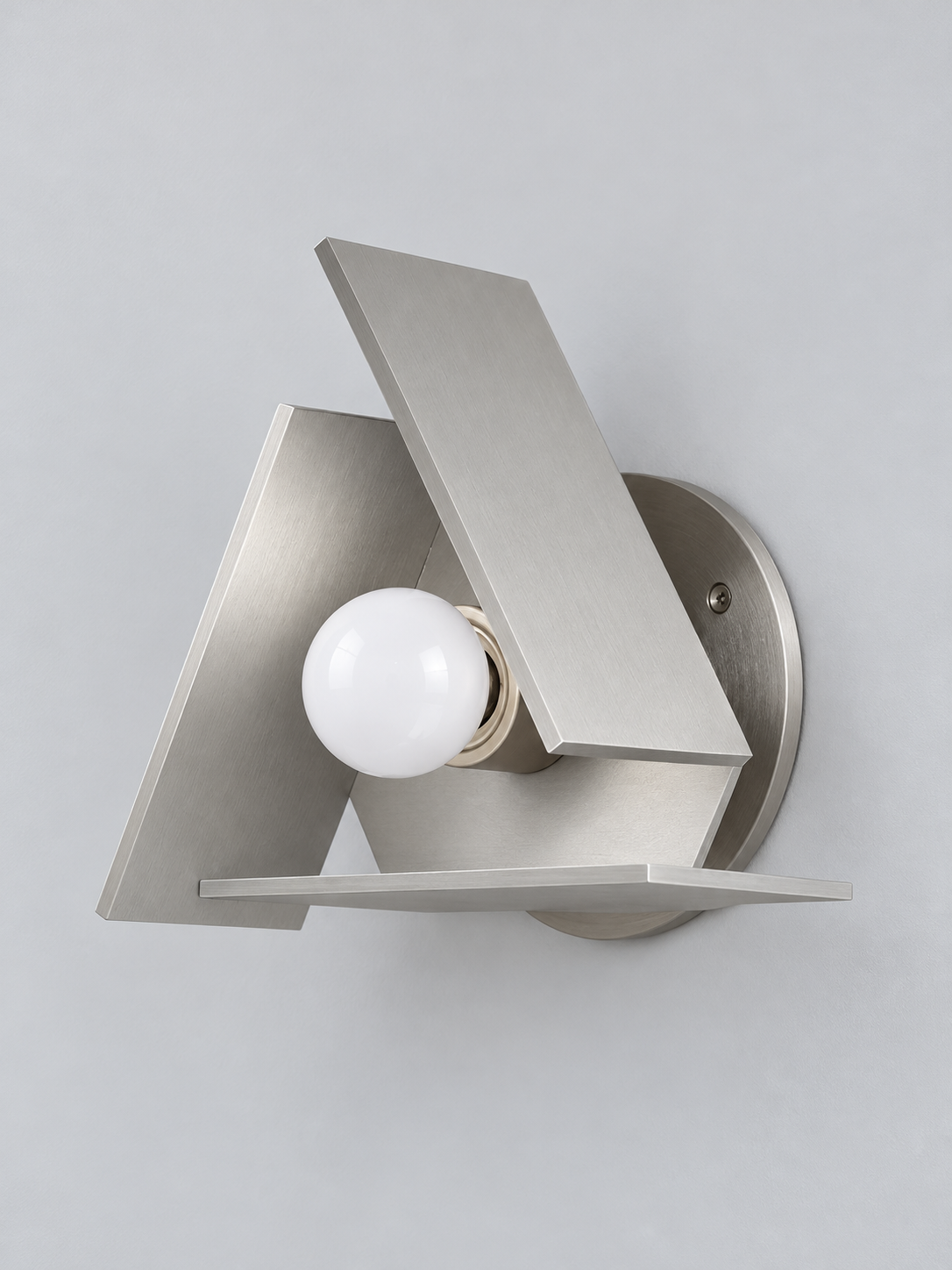 Brushed silver triangular wall sconce opal bulb unlit