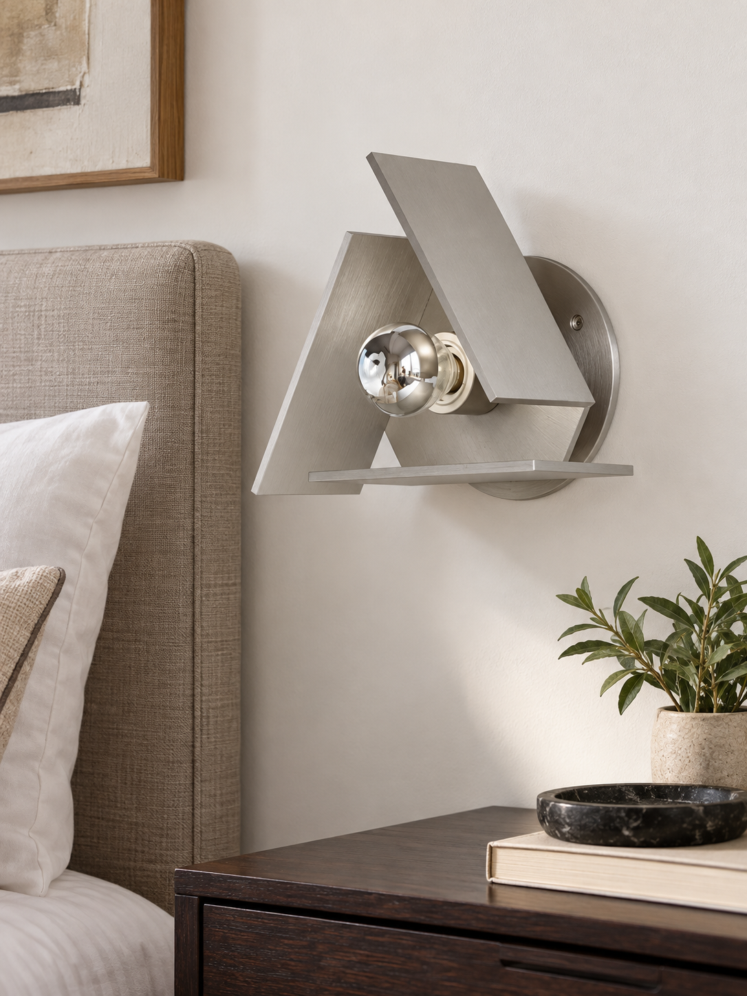 Brushed silver triangular wall sconce half-chrome bulb unlit