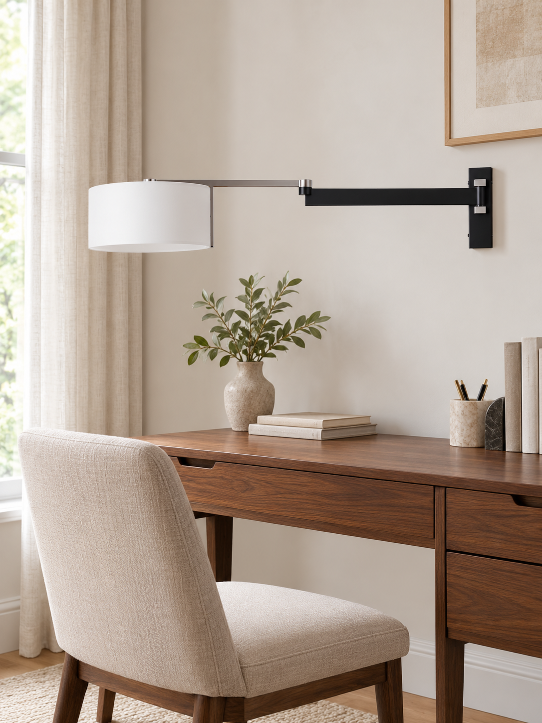 Black and Chrome Swing Arm Wall Lamp, room setting