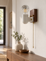 Ceramic and Wood Pull Chain Wall Sconce daylight room setting, lamp off