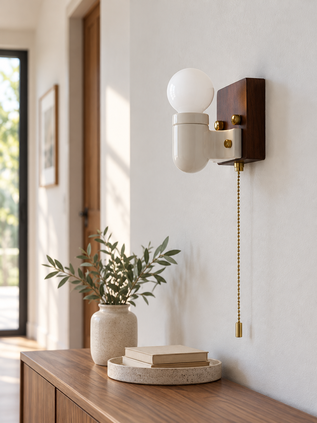 Ceramic and Wood Pull Chain Wall Sconce product detail, lamp off