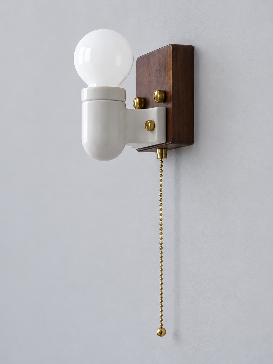 Ceramic and Wood Pull Chain Wall Sconce product detail, lamp off