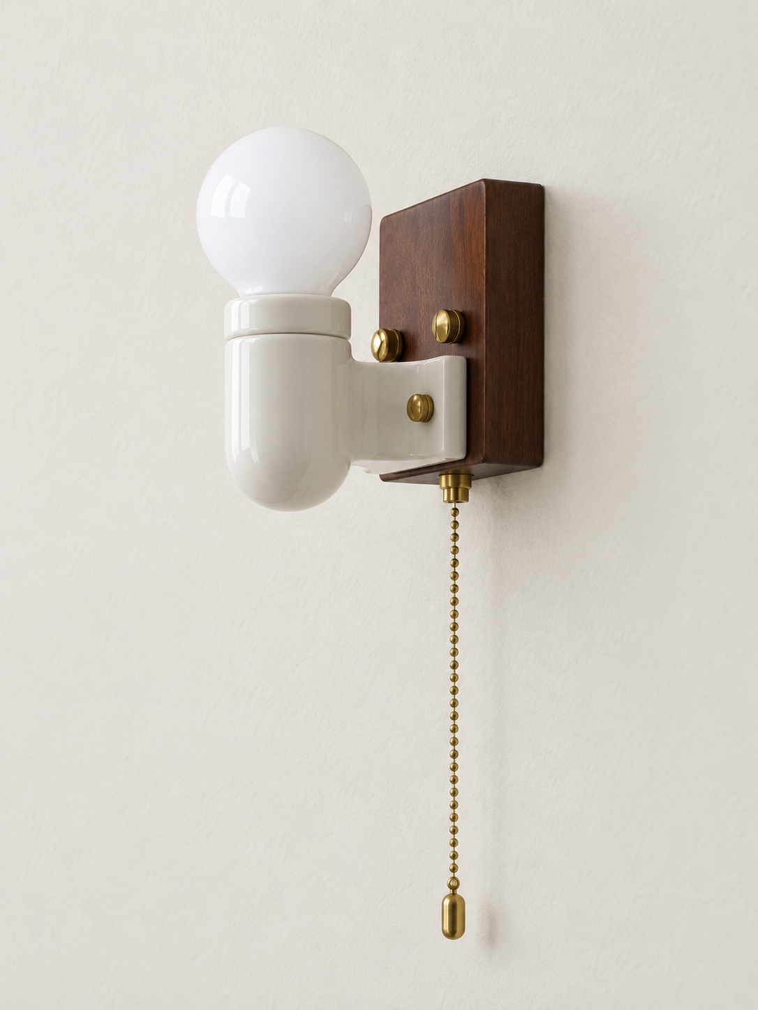 Ceramic and Wood Pull Chain Wall Sconce product detail, lamp off