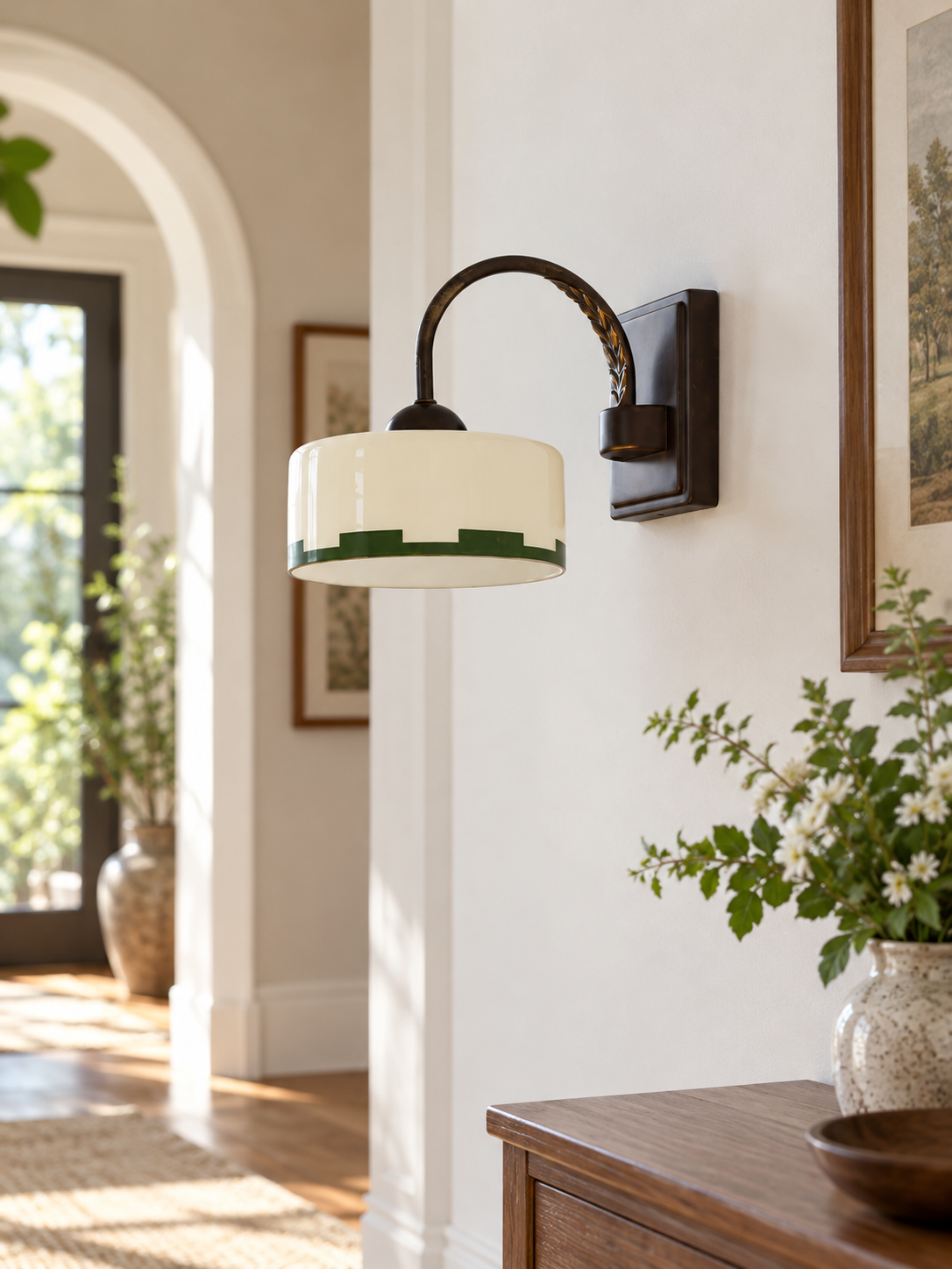 Green rim glass wall sconce downward scene
