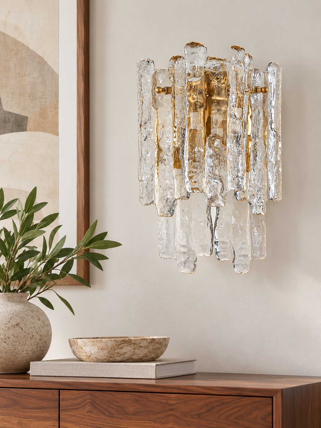 Clear textured ice glass wall sconce with copper-tone frame, room scene