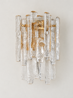 Clear textured ice glass wall sconce with copper-tone frame, front view