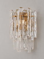 Clear textured ice glass wall sconce with copper-tone frame, angled view