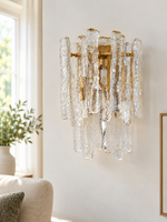 Clear textured ice glass wall sconce with copper-tone frame, living room scene