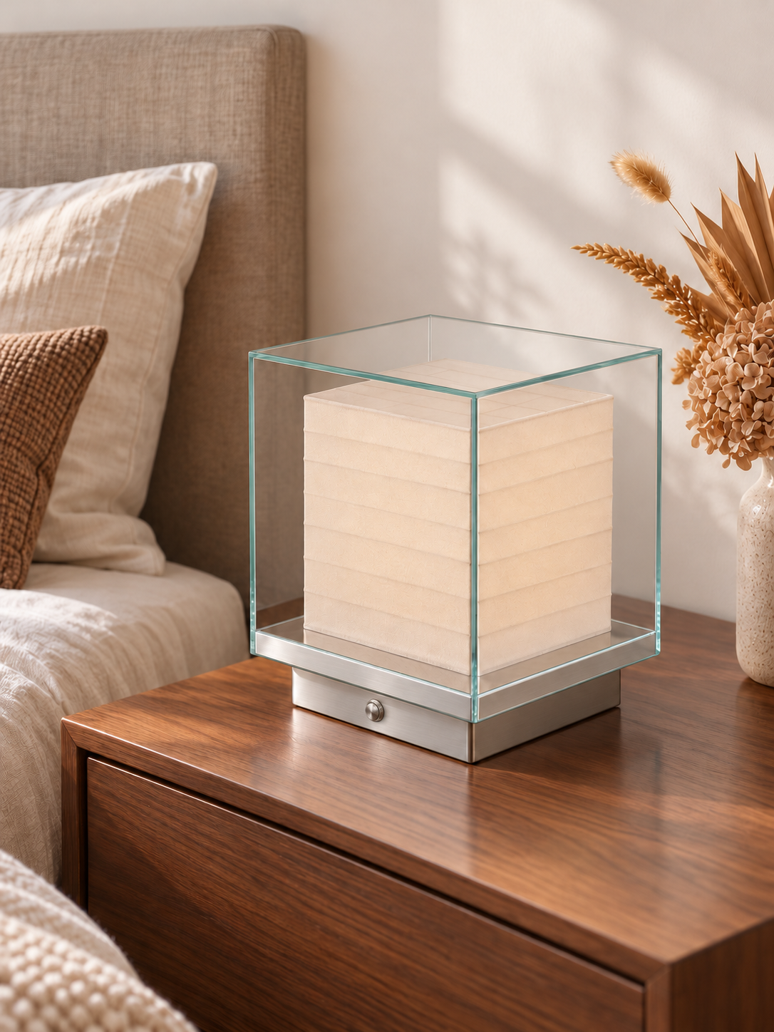 Glass box rechargeable table lamp with round base button, large size, bedroom scene