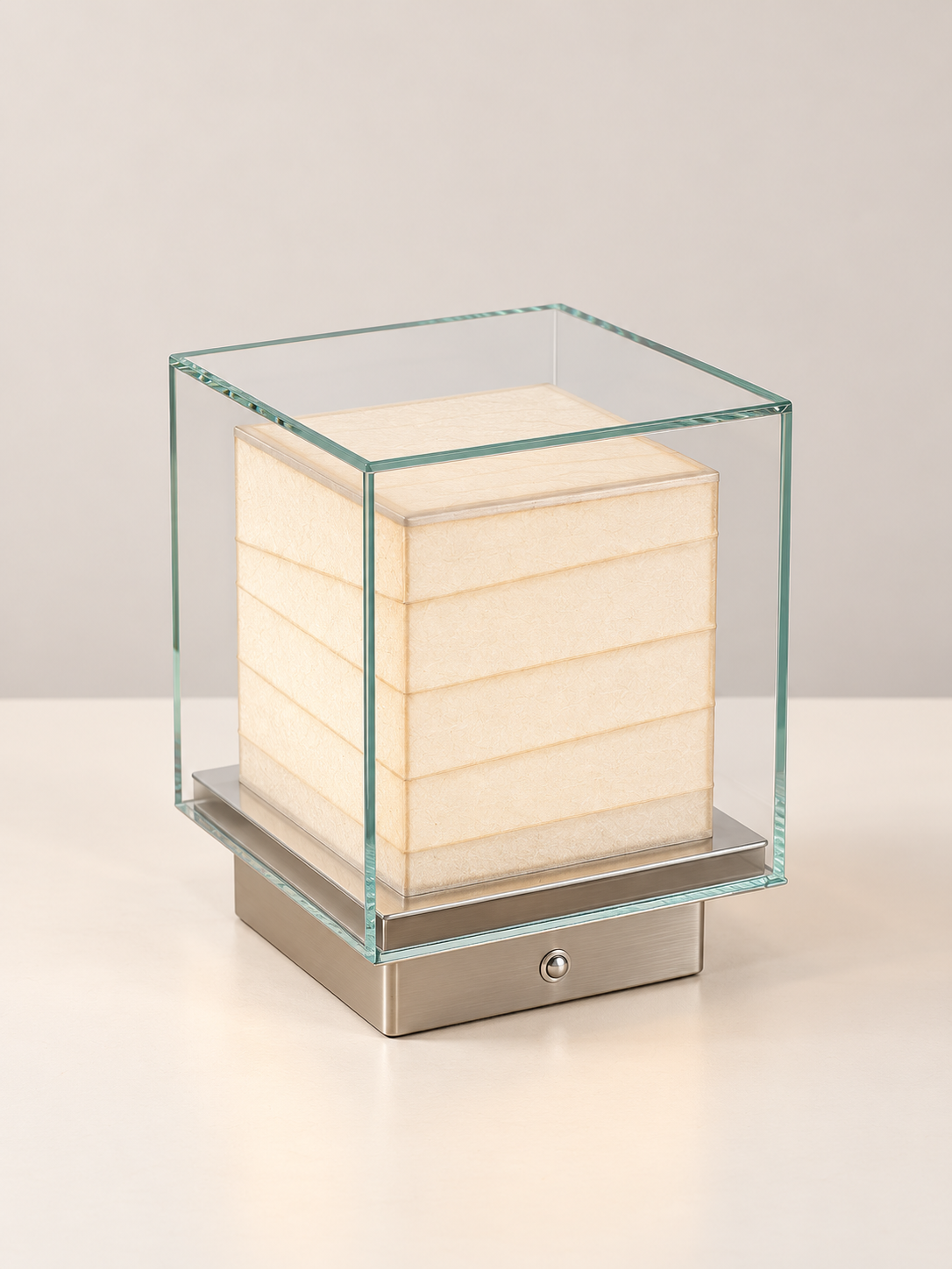 Glass box rechargeable table lamp with round base button, small size, studio view