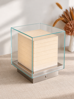 Glass box rechargeable table lamp with round base button, large size, angled view