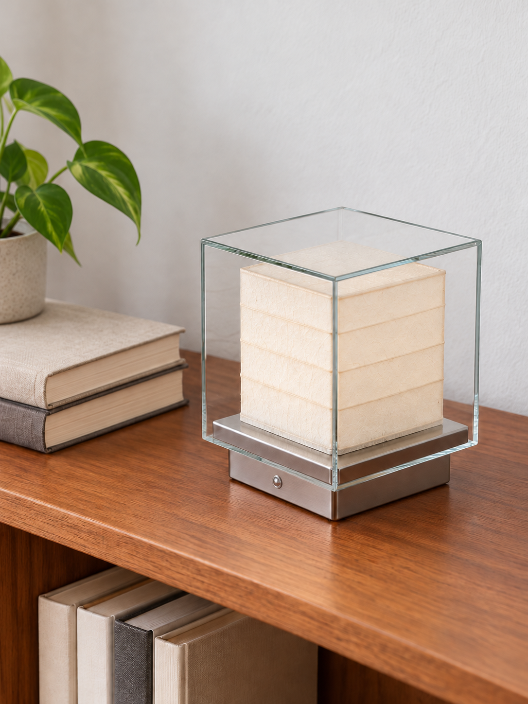 Glass box rechargeable table lamp with round base button, small size, shelf scene
