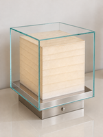 Glass box rechargeable table lamp with round base button, large size, material detail