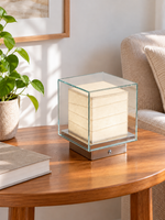 Glass box rechargeable table lamp with round base button, small size, reading nook