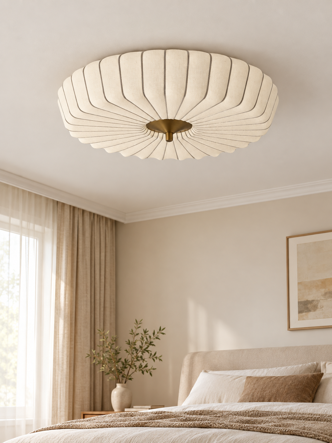 Pleated fabric flush mount ceiling light cream large hero