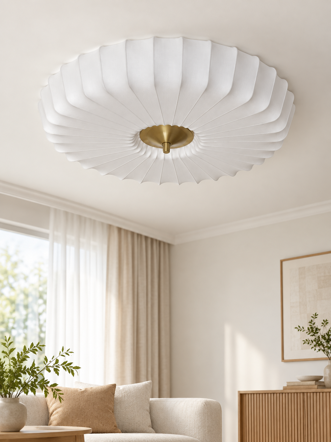 Pleated fabric flush mount ceiling light white large scene