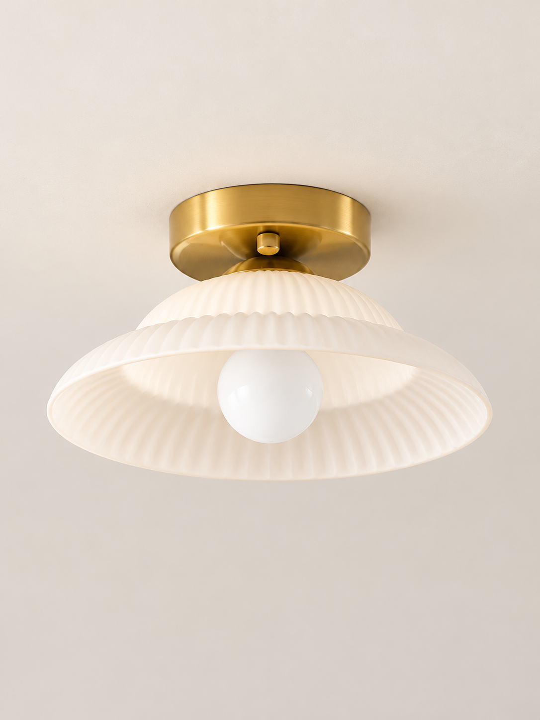 Ribbed flared glass flush mount ceiling light, white glass