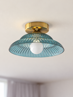 Ribbed flared glass flush mount ceiling light, blue glass detail